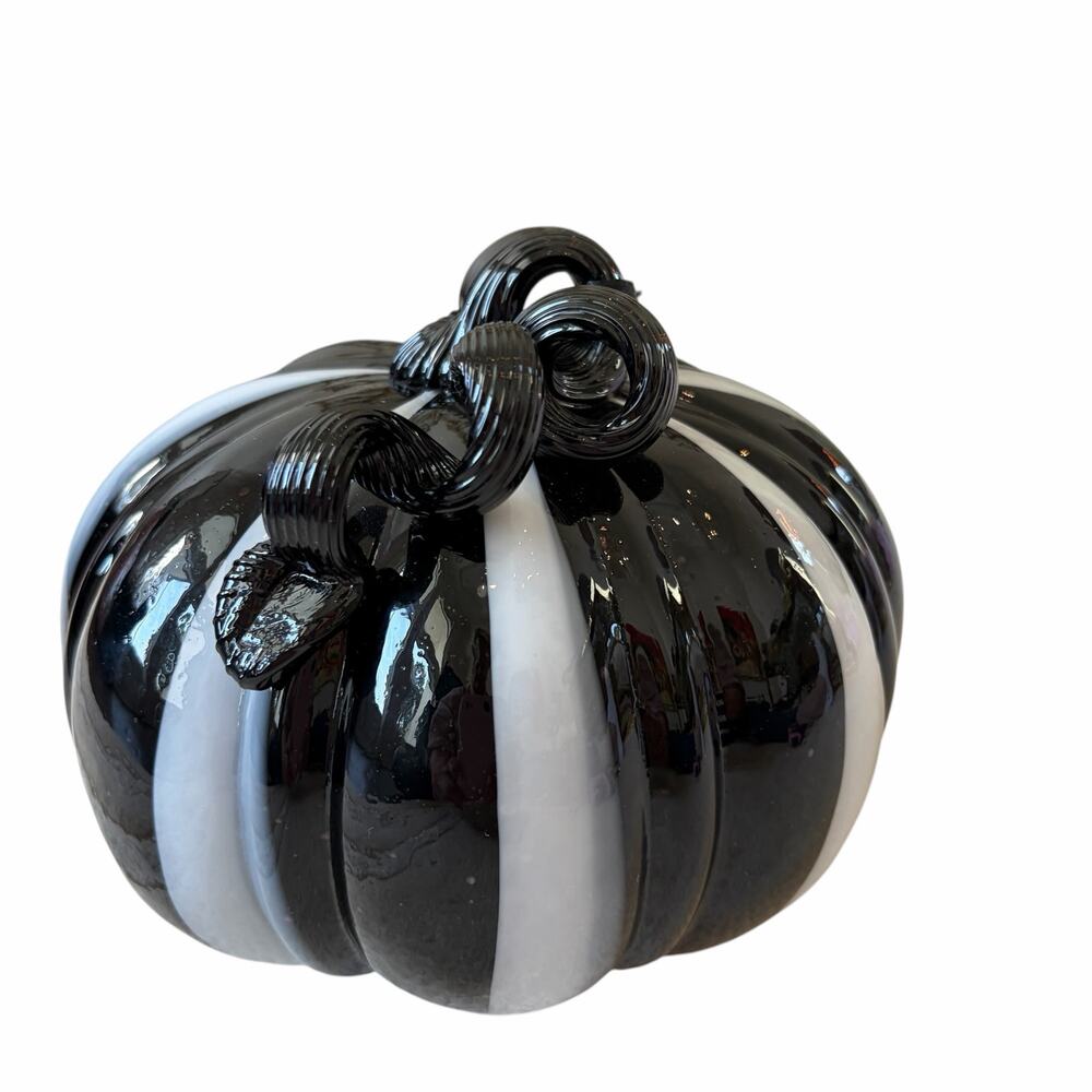 TAHARI Hand Blown Art Glass Pumpkin Chic Black & White Striped Fall Decor 8x6